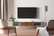 © dimamoroz - TV screen on the white wall in modern living room.