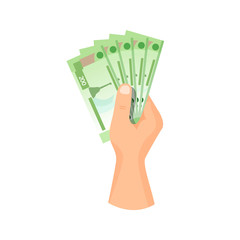 Wall Mural - Hand give / take paper money banknote 200 rubles, vector business illustration