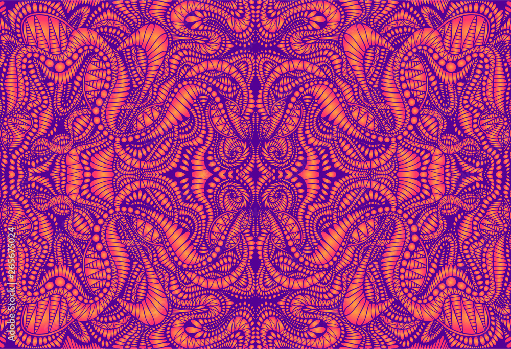 Vintage psychedelic tryppi colorful fractal pattern. Gradient neon violet, orange colors. Decorative surreal abstract mandala with maze of ornament shamanic fantasy texture. Vector illustration. - obrazy, fototapety, plakaty 