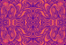 Vintage Psychedelic Trippy Colorful Fractal Pattern. Gradient Neon Violet, Orange Colors. Decorative Surreal Abstract Mandala With Maze Of Ornament Shamanic Fantasy Texture. Vector Illustration.