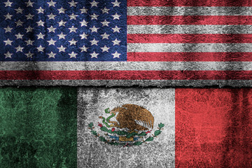 Wall Mural - two flags on a cracked wall, USA and Mexico