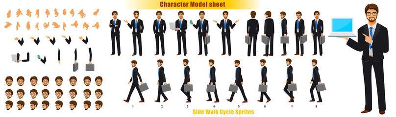 Wall Mural - Businessman Character Model sheet with Walk cycle Animation Sequence 