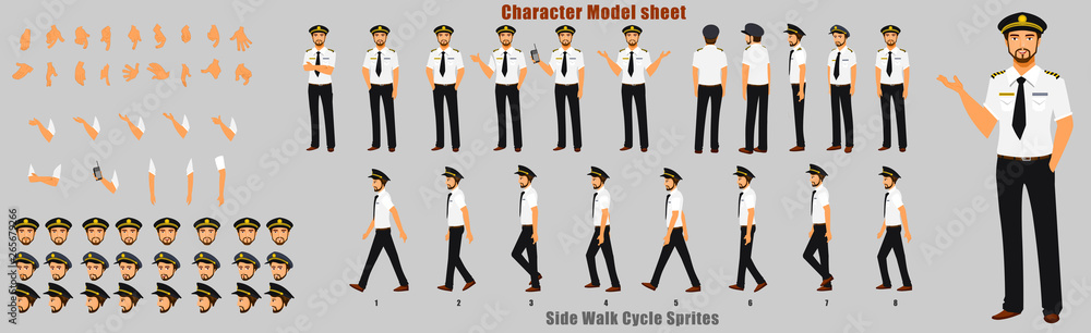 Pilot Character Model sheet with Walk cycle Animation Sequence  - obrazy, fototapety, plakaty 