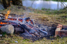 Open Fire Burning Logs In Field With Green Grass