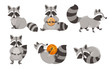 Cute cartoon raccoon set. Funny raccoons collection. Emotion little raccoon. Cartoon animal character design. Flat vector illustration isolated on white background