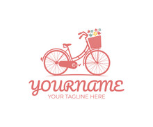 Retro Bike With Basket And Flowers, Logo Design. Bicycle, Cycle Or Velocipede, Vector Design And Illustration