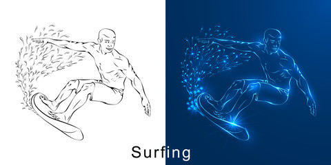 The linear drawing of the surfer on a board