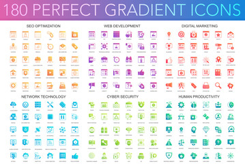 180 trendy perfect gradient icons set seo optimization, web development, digital marketing, network technology, cyber security, human productivity.