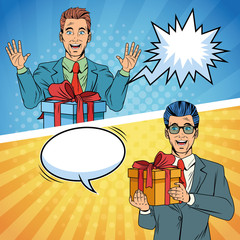 Wall Mural - Pop art businessmen with gift boxes cartoon