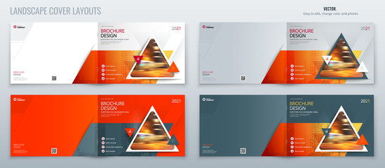 Orange landscape Brochure template layout, cover design annual report, magazine, flyer or brochure in A4 with triangle geometric shapes. Vector Illustration for brochure.