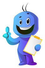 Blue Cartoon Caracter With A Thumb Up And A Notepad Illustration Vector On White Background