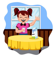 Sticker - Happy girl drinking milk illustration vector on white background