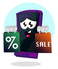 Canvas Print - Mobile emoji holding a sale sign illustration vector on white background