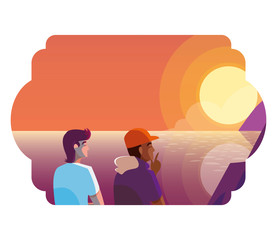 Poster - men couple contemplating horizon of sky sunset scene