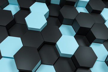 3d rendering, black and cyan hexagon cubes.