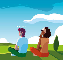 Wall Mural - interracial couple contemplating the horizon in the field