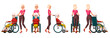 Vector illustration of young woman pushing wheelchair withelderly woman. Cartoon realistic people. Flat woman. Front, side, back views. Isometric view. Grandmother, old people with physical disability
