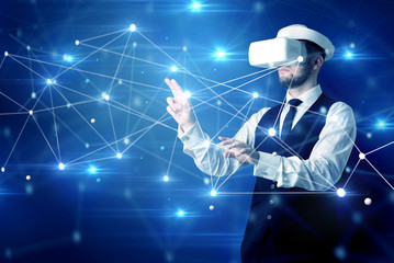 businessman in virtual reality goggles investigate global network connectivity concept