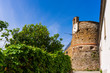 The clock tower of the Castle of Riomaggiore (Castello di Riomaggiore), one of the most important historical landmarks in Cinque Terre, Italy, on a beautiful summer day.
