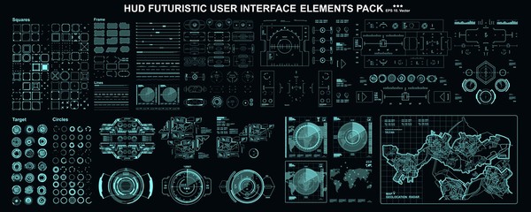 hud elements mega set pack. dashboard display virtual reality technology screen. futuristic user int