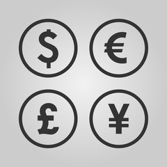 Dollar, Euro, Pound and Yen currency icons. USD, EUR, GBP and JPY money sign symbols. Black vector icons isolated on white background.