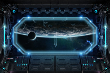 Poster - Dark spaceship interior with large window view 3D rendering