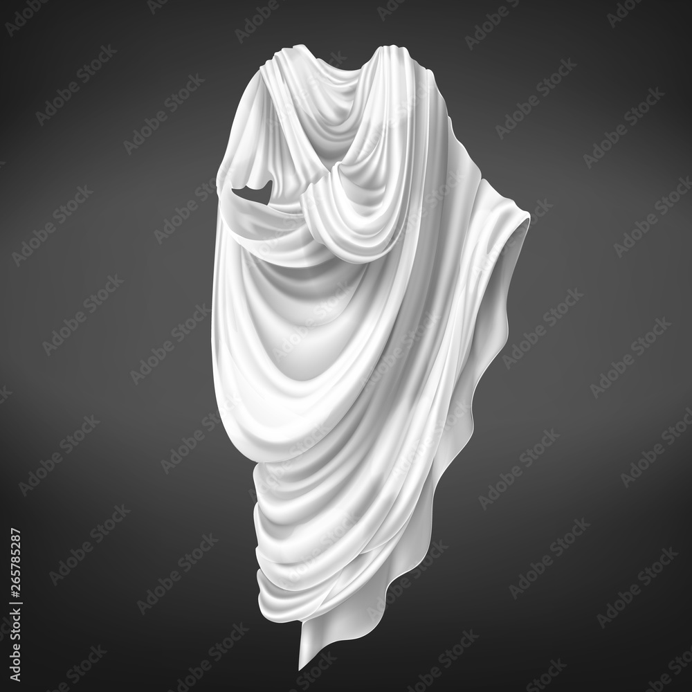 Roman toga isolated on black background. Ancient Rome male citizens outerwear made of white piece of fabric draped around body, folded gown, historical costume. Realistic 3d vector illustration. - obrazy, fototapety, plakaty 