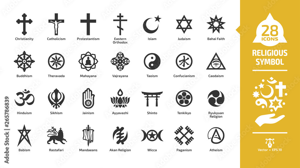 Religious symbol glyph icon set with christian cross, islam 
