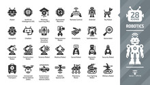 Robotics Industry Glyph Icon Set With Robot And Bot Technology, Artificial Intelligence AI, Machine Learning ML, Automated And Remote Control, Smart Chip, Android, Toy And More Tech Symbols.
