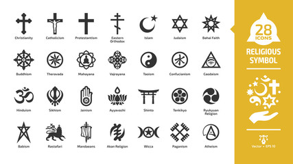 religious symbol glyph icon set with christian cross, islam crescent and star, judaism star of david