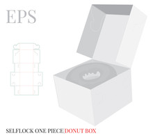 Donut Box Template, Vector With Die Cut / Laser Cut Layers. Delivery Box, Single Piece Cake Box, Donut, Self Lock, Cut &  Clear. White, Clear, Blank, Isolated Open Cake Box Mock Up On White Background