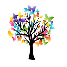 Tree With Flying Around Butterflies. Vector Isolated Decoration Element From Scattered Silhouettes. Conceptual Illustration Of Growth And Life .
