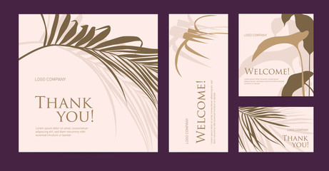 A set of postcard with the words of gratitude. Design template of business cards with with palm leaves silhouette for the hotel, beauty salon, spa, restaurant, club. Vector illustration