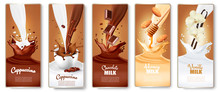 Set Of Labels With Cappuccino, Coffee,  Milk With Honey, Chocolate And Vanilla Splashes. Vector.
