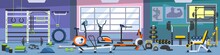 Gym Zoning Concept. Gym Of Fitness Center Interior Design In Cartoon Style With Crossfit Equipment And Elliptical Machine Cross Trainer, Treadmill, Rowing Machine And Bike. Vector Gym Equipment