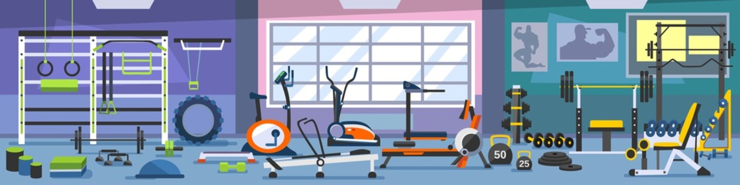 Wall Mural - Gym zoning concept. Gym of fitness center interior design in cartoon style with crossfit equipment and Elliptical Machine Cross Trainer, Treadmill, Rowing Machine and Bike. Vector Gym Equipment