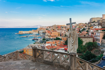Wall Mural - Panoramic sea landscape with Gaeta, Lazio, Italy. Scenic historical town with old buildings, ancient churches, nice sand beach and clear blue water. Famous tourist destination in Riviera de Ulisse