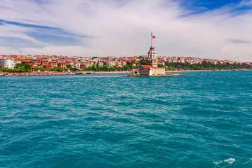 Wall Mural - Panoramic view of Istanbul. Panorama cityscape of famous tourist destination Bosphorus strait channel. Travel landscape Bosporus, Turkey, Europe and Asia.