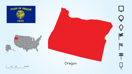 Sticker - Map of The United States with the Selected State of Oregon And Oregon Flag with Locator Collection