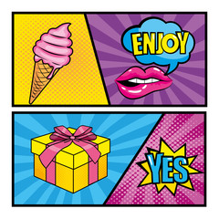 Wall Mural - set pop art messages with ice cream and gift