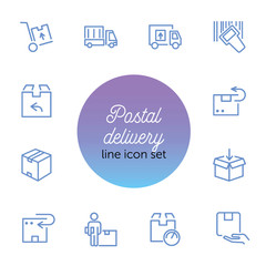 Sticker - Postal delivery line icon set. Set of line icons on white background. Delivery concept. Parcel, package, post office. Vector illustration can be used for topics like shipping, transporting, delivery