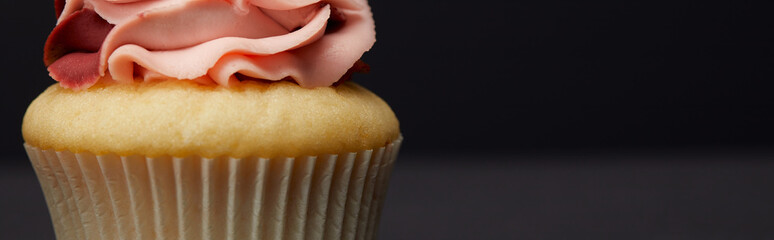 panoramic shot of cupcake with cream on black