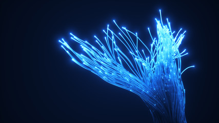 blue fiber optic glass strings glowing in dark. 3d illustration