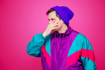 Wall Mural - Style white man in 90s jacket and purple hat