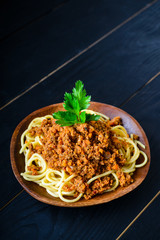 Sticker - spaghetti Bolognaise or Bolognese with savory minced beef and tomato sauce, office lunch on the table