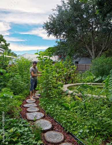 Permaculture Backyard With Natural Pool Looking To Man Working On