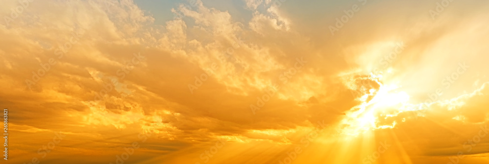sunset sky panorama landscape background natural color of evening landscape with setting sun light coming through clouds panoramic view - obrazy, fototapety, plakaty 