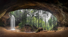 Inside Ash Cave Panorama - Located In The Hocking Hills Of Ohio, Ash Cave Is An Enormous Sandstone Recess Cave Adorned With A Beautiful Waterfall After Spring Rains.