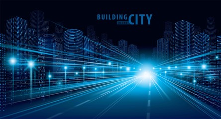 The light trails on the road and modern building vector, city, cityscape