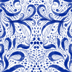  Seamless blue shibori pattern. Abstract floral pattern on the white background. 